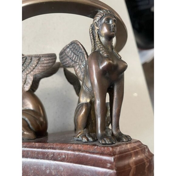 Winged Sphinx Egyptian Bronze Brass Statue Rare Marble Candle Holder Sculpture - Picture 4 of 16